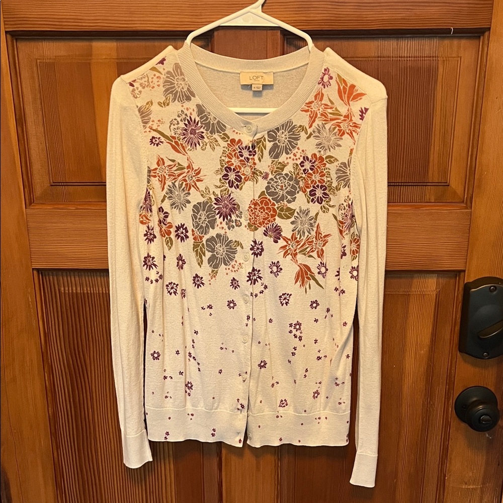 LOFT Floral Cardigan - Cream and Purple